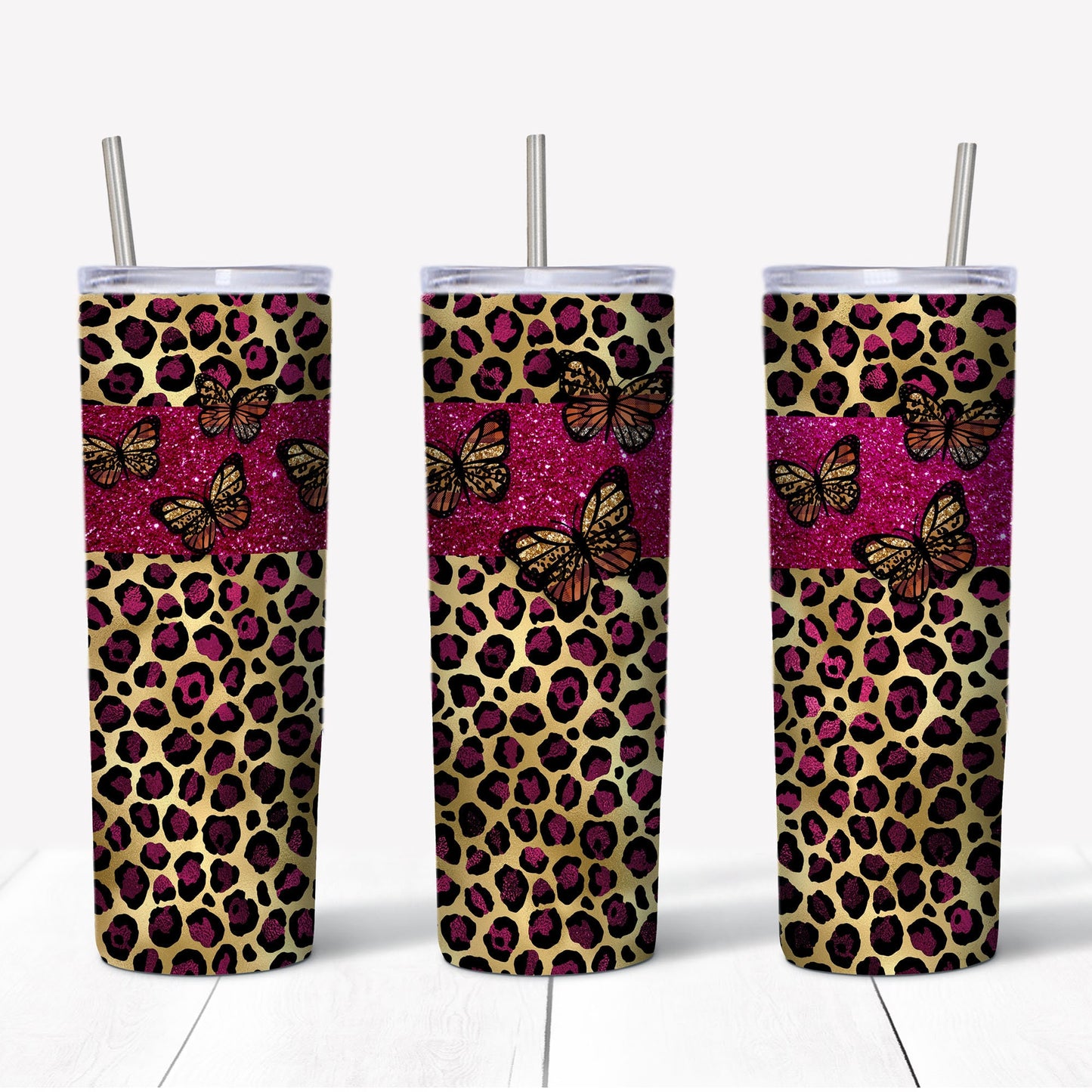 20 oz Skinny Tumbler, Pink and Leopard Print Tumbler, Butterfly Tumbler, Leopard and Butterfly Tumbler, 20 oz Stainless Steel Tumbler