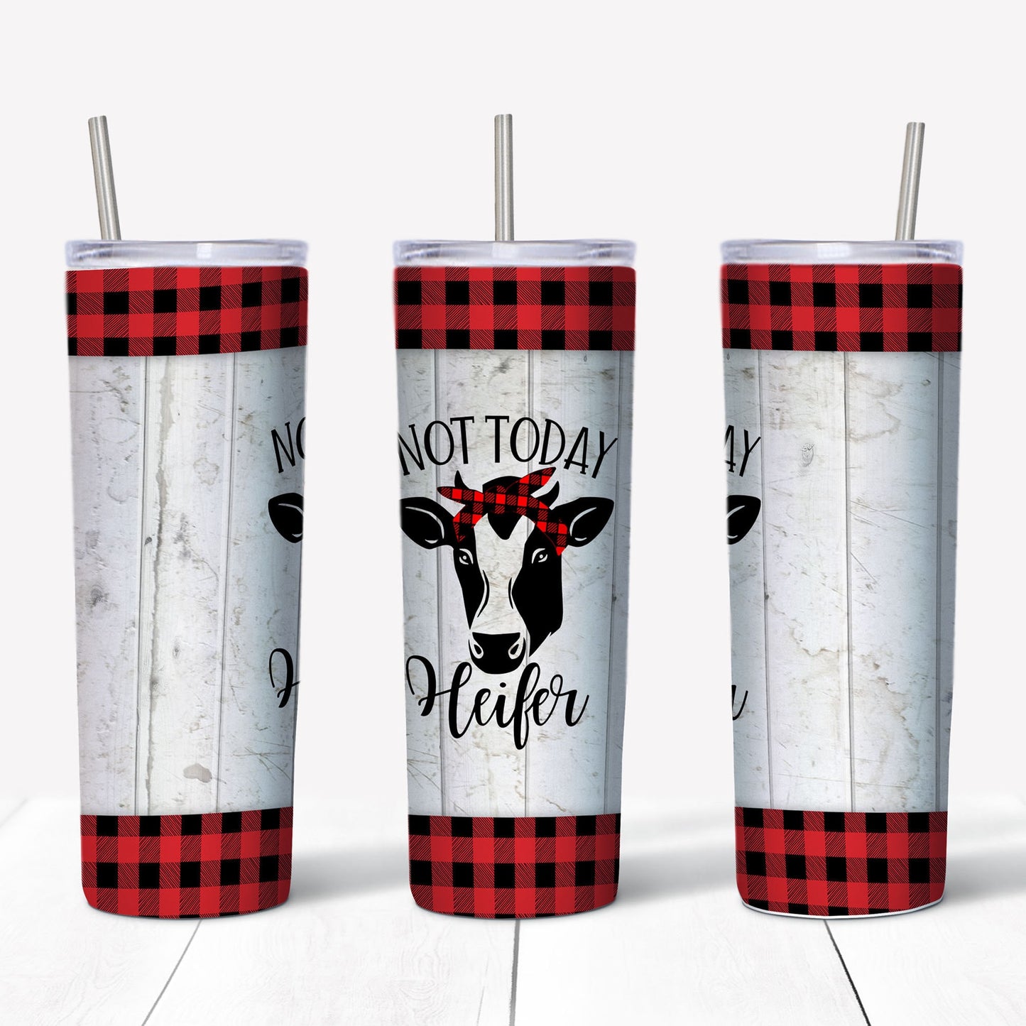 20 oz Skinny Tumbler, Not Today Heifer Tumbler, Red Plaid and Barn Wood Tumbler, Cow Tumbler, Heifer Gift, 20 oz Stainless Steel Tumbler