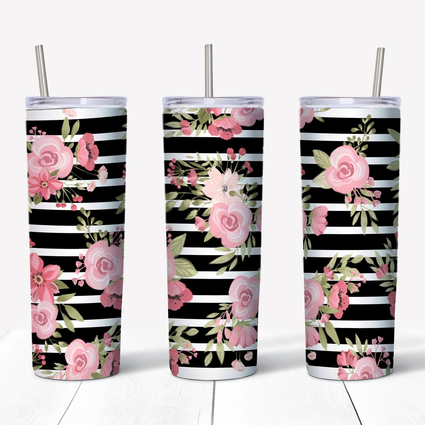 20 oz Skinny Tumbler, Black Stripes and Floral Tumbler, Pink Flowers Tumbler, Gift for Valentine's Day, 20 oz Stainless Steel Tumbler