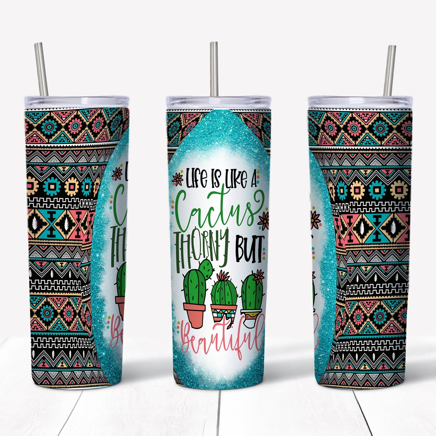 20 oz Skinny Tumbler, Aztec and Cactus Tumbler, Life Is Like A Cactus, Thorny but Beautiful, Cactus tumbler, 20 oz Stainless Steel Tumbler