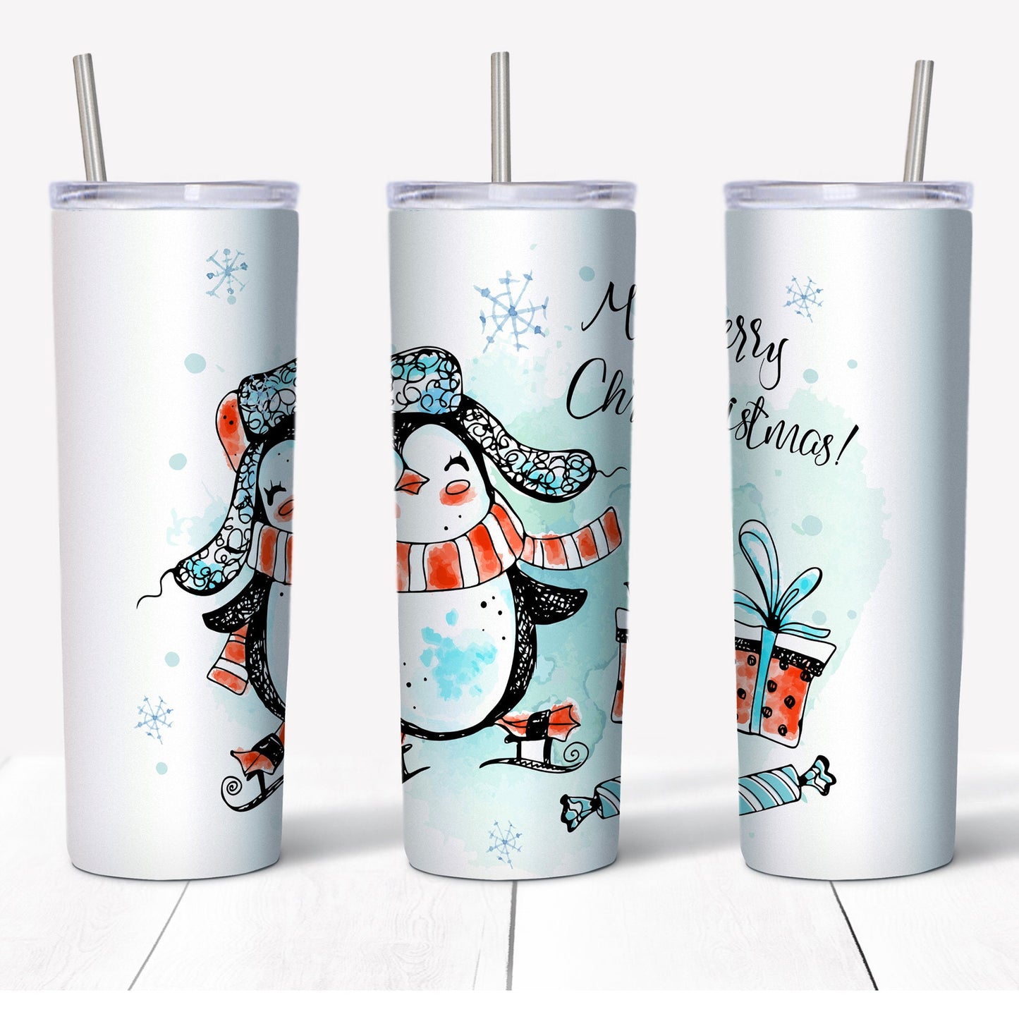 CUSTOM 20 oz Skinny Tumbler, Cute Christmas Penguin, Merry Christmas Penguin, Penguin in Wintry, Snowy Scene, 20 oz Stainless Steel Tumbler