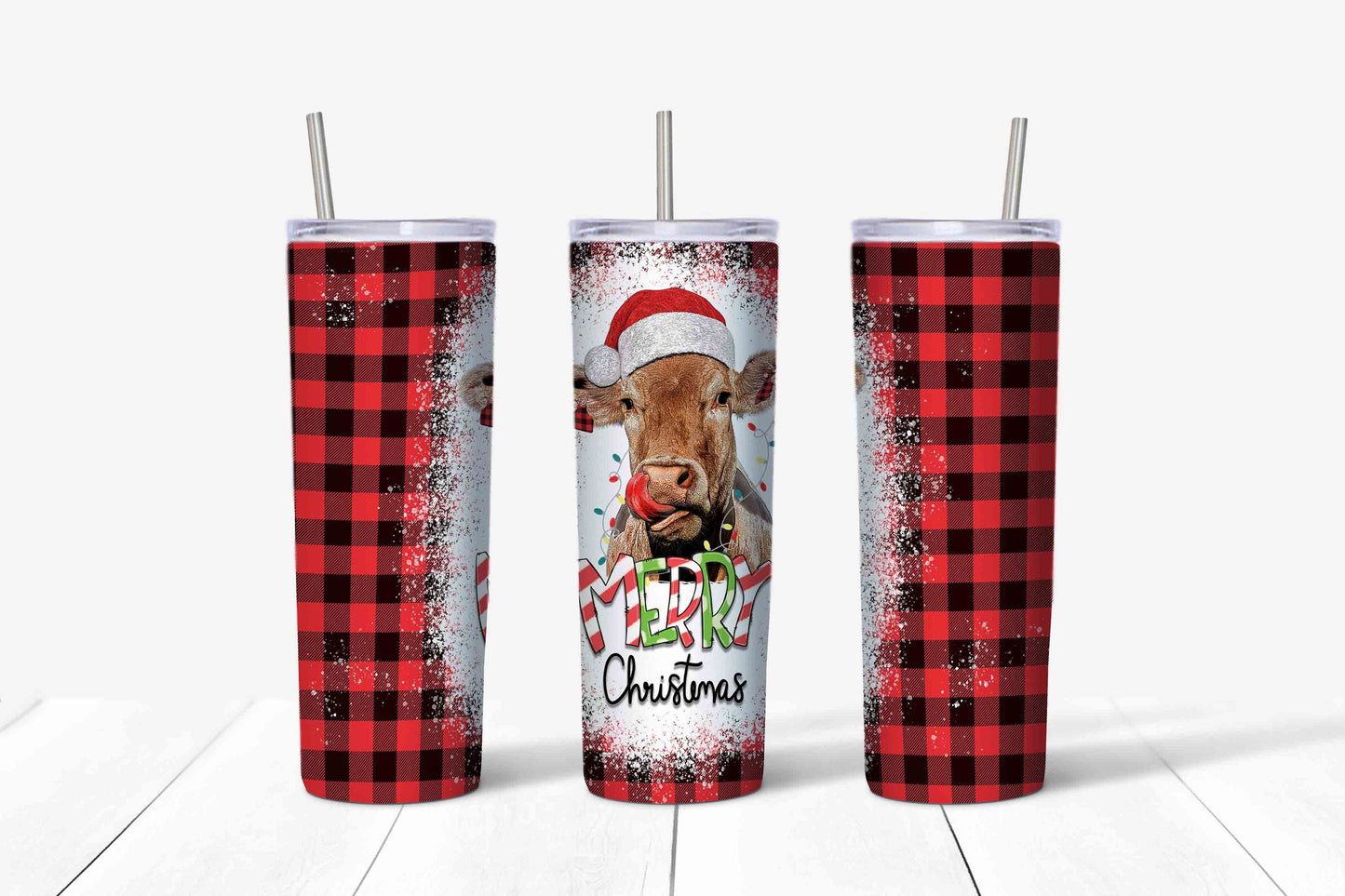 20 oz Skinny Tumbler, Christmas Cow with Red Buffalo Plaid Tumbler, Fun Christmas Tumbler, Christmas Skinny, 20 oz Stainless Steel Tumbler