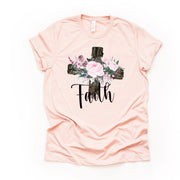 Christian Watercolor Wooden Cross with Flowers Faith Design on premium Bella + Canvas unisex shirt, 3 color choices, plus sizes available