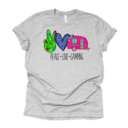 Peace Sign, Heart and Camper Peace, Love and Camping Design on premium Bella + Canvas unisex shirt, 3 color choices, plus sizes available