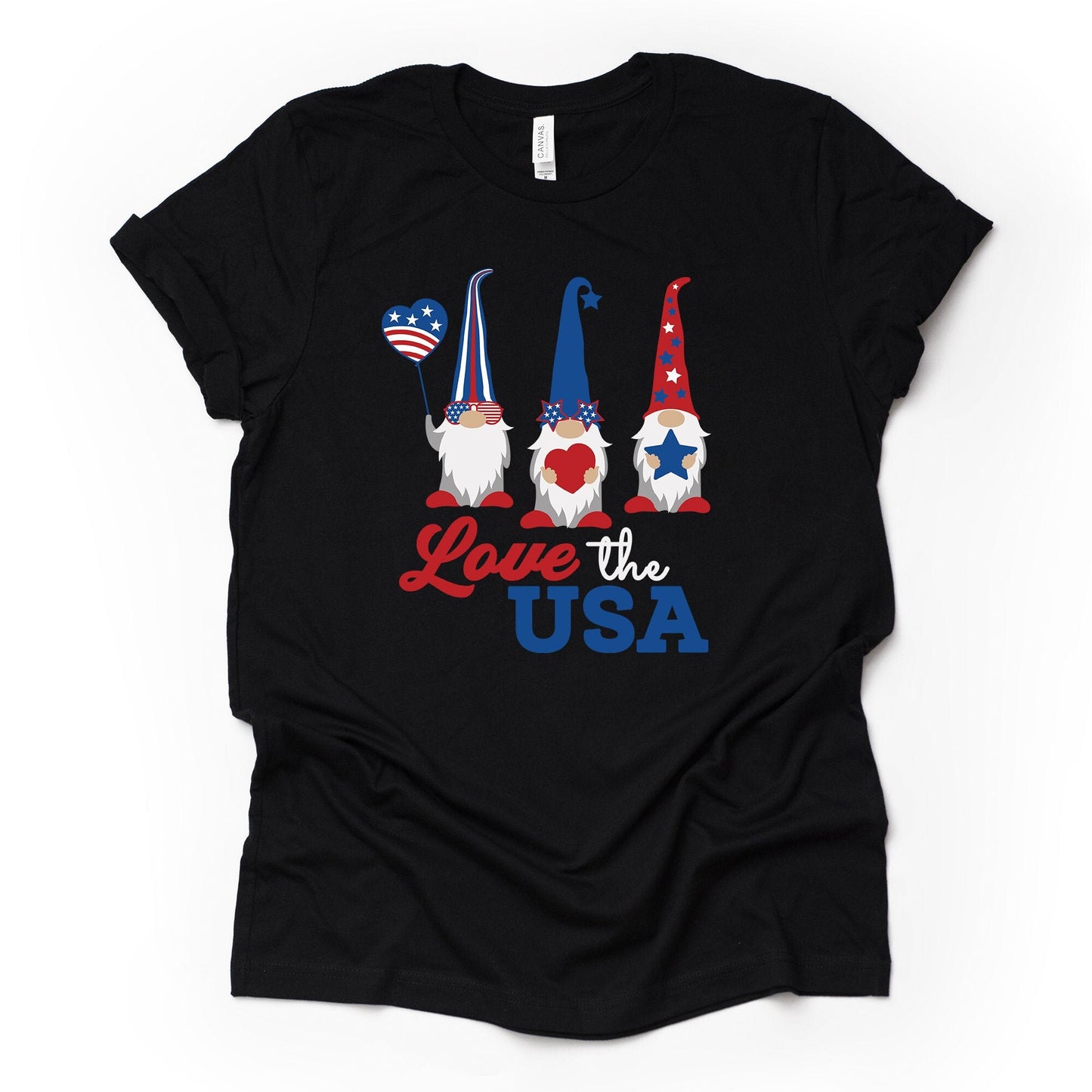 Patriotic Gnome, Love the USA Gnomes Design on premium Bella + Canvas unisex shirt, 3 color choices, plus sizes available, plus size gnome