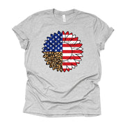 Patriotic Tee, Patriotic Sunflower with Cheetah Print Design on premium Bella + Canvas unisex shirt, 3 color choices, plus sizes available