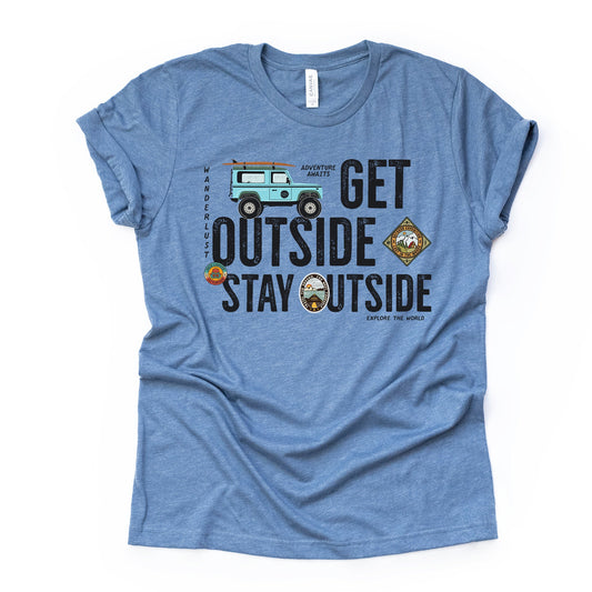 Camping, Hiking, Get Outside, Stay Outside Explore Great Outdoors Design on premium Bella + Canvas unisex shirt, 3 color choices, plus sizes