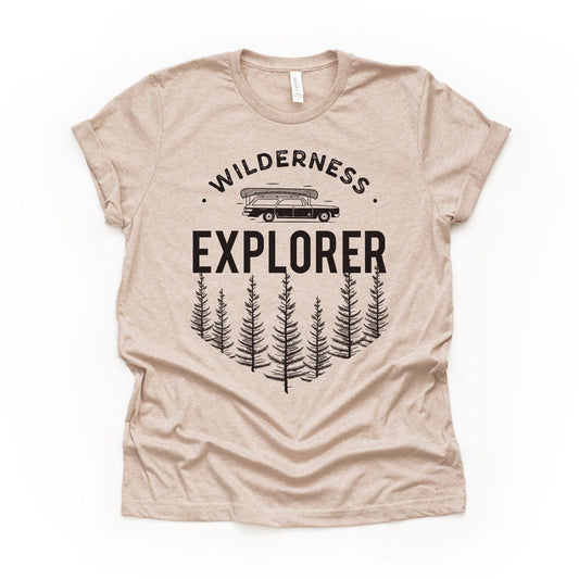 Camping, Hiking, Retro Station Wagon Canoe Wilderness Explorer Design on premium Bella + Canvas unisex shirt, 3 color choices, plus sizes