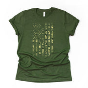 Army Life, Green Camo Flag, Proud Army Camo Flag Design on premium Bella + Canvas unisex shirt, 3 color choices, plus sizes, 3X, 4X