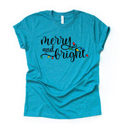 Christmas Tee, String of Lights, Merry and Bright Christmas Lights Design on premium Bella + Canvas unisex shirt, 3 color choices, plus size