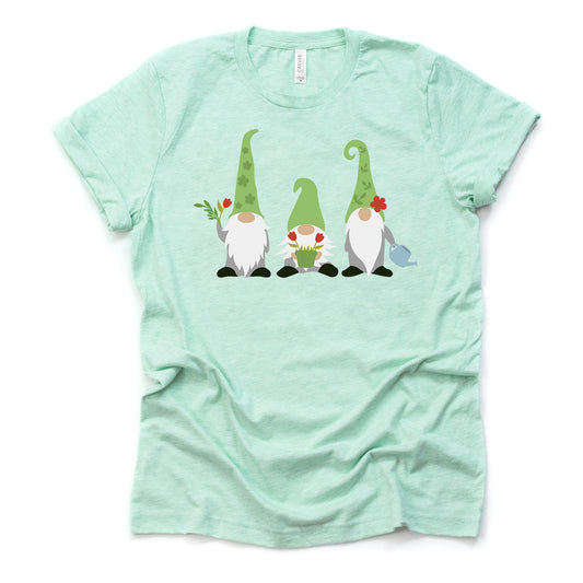 Gnome Gardening Shirt, Cute Summer Gnomes in Garden Design on premium Bella + Canvas unisex shirt, 3 color choices, plus sizes available