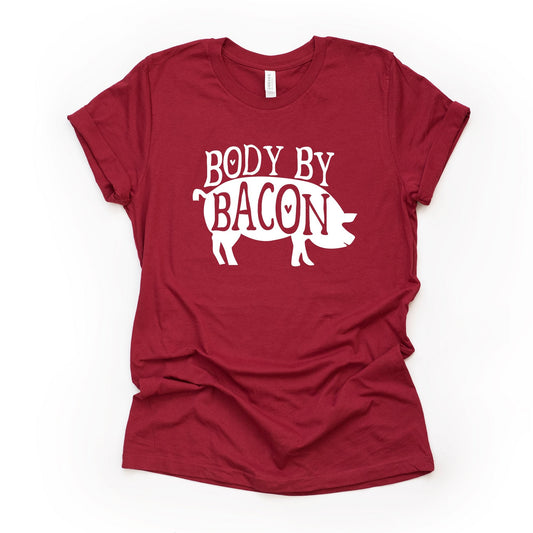 Super Funny Pig Tee, Body by Bacon Pig Design on premium Bella + Canvas unisex shirt, 3 color choices, plus sizes available, great gift