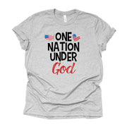 Patriotic Tee, One Nation Under God Christian July 4th Design on premium Bella + Canvas unisex shirt, 3 color choices, plus sizes available