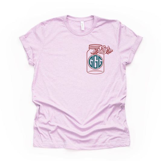 MONOGRAM mason jar design, customize initials on this premium Bella + Canvas unisex shirt, 3 color choices, plus sizes available, great gift
