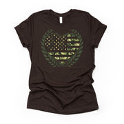 Army Life, Green Camo Heart, Proud Army Camo Heart Design on premium Bella + Canvas unisex shirt, 3 color choices, plus sizes, 3X, 4X