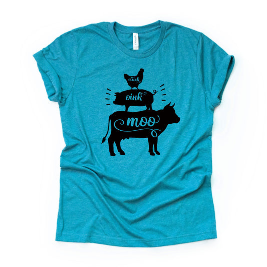 Farm Animals, Moo, Oink, Cluck, Cow, Pig and Chicken Design on premium Bella + Canvas unisex shirt, 3 color choices, plus sizes available
