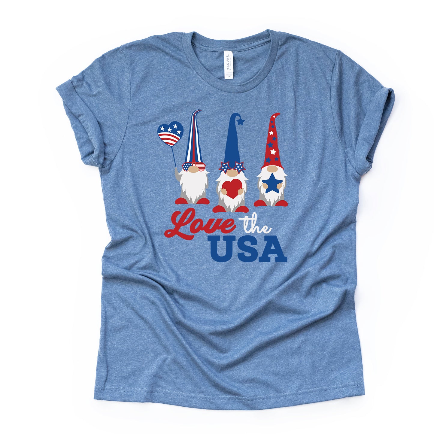 Patriotic Gnome, Love the USA Gnomes Design on premium Bella + Canvas unisex shirt, 3 color choices, plus sizes available, plus size gnome