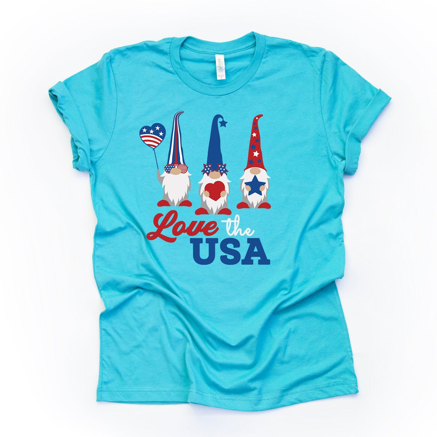 Patriotic Gnome, Love the USA Gnomes Design on premium Bella + Canvas unisex shirt, 3 color choices, plus sizes available, plus size gnome