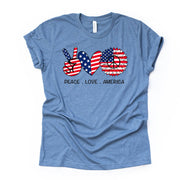 Patriotic Tee, Peace Sign USA, Peace, Love and America Design on premium Bella + Canvas unisex shirt, 3 color choices, plus sizes available