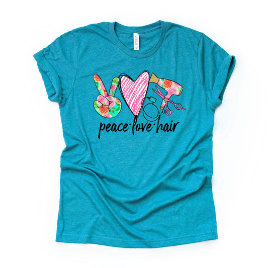 Hair Stylist Shirt, Peace, Love, Hair with Hairdryer, Peace Sign Design on premium Bella + Canvas unisex shirt, 3 color choices, plus size