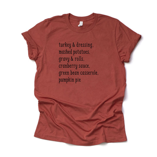 Thanksgiving Tee, Perfect Thanksgiving Meal, Turkey & Dressing Design on premium Bella + Canvas unisex shirt, 3 color choices, plus size