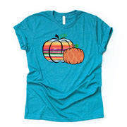 Fall and Pumpkins Tee, Serape Pumpkin, Serape and Printed Pumpkins Design on premium Bella + Canvas unisex shirt, 3 color choices, plus size