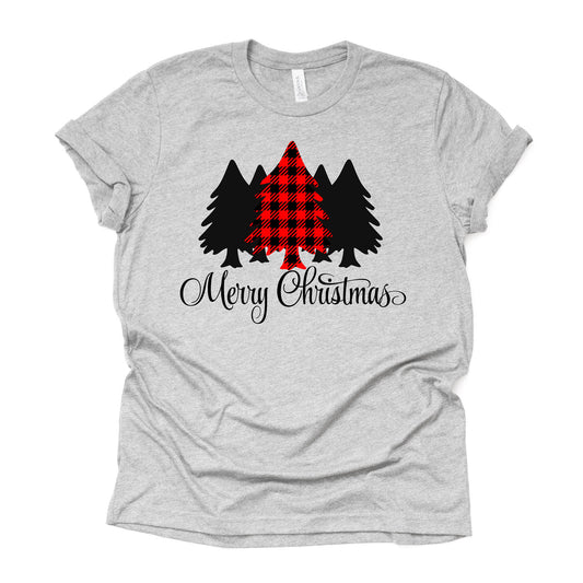 Christmas Tee, Cute Red and Black Buffalo Plaid Christmas Trees Design on premium Bella + Canvas unisex shirt, 3 color choices, plus size