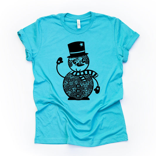 Wintertime Tee, Snowman Mandala, Cute Snowman Shirt Design on premium Bella + Canvas unisex shirt, 3 color choices, plus size