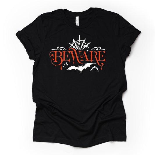 Happy Halloween, Scary Halloween Bat and Spider Web BEWARE Design on premium Bella + Canvas unisex shirt, 3 color choices, plus size