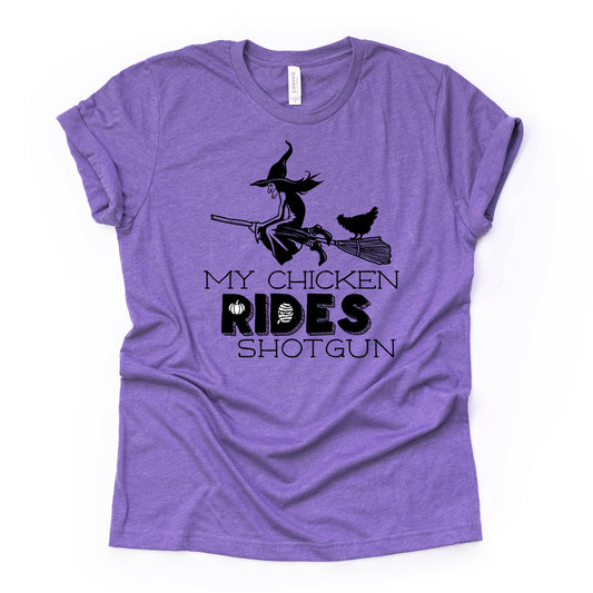 Halloween Chicken, Witch and Chicken, My Chicken Rides Shotgun Design on premium Bella + Canvas unisex shirt, 3 color choices, plus size