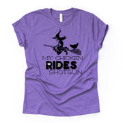 Halloween Chicken, Witch and Chicken, My Chicken Rides Shotgun Design on premium Bella + Canvas unisex shirt, 3 color choices, plus size