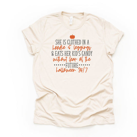 Clothed in Hoodie & Leggings, Eats Her Kids Candy, Halloween 24/7 Design on premium Bella + Canvas unisex shirt, 3 color choices, plus size