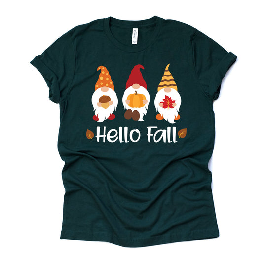 Hello Fall, Cute Fall Gnomes with Pumpkins and Leaves Design on premium Bella + Canvas unisex shirt, 3 color choices, plus size