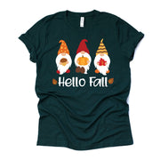 Hello Fall, Cute Fall Gnomes with Pumpkins and Leaves Design on premium Bella + Canvas unisex shirt, 3 color choices, plus size