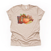 Fall Scene Pumpkin Shirt, Watercolor Pumpkin, Boots, Apples Leaves Design on premium Bella + Canvas unisex shirt, 3 color choices, plus size