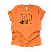 Farmhouse Halloween, Simple, Minimal Trick or Treat Pumpkin Design on premium Bella + Canvas unisex shirt, 3 color choices, plus size