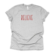 Farmhouse Christmas, Simple Country Inspired BELIEVE Design on premium Bella + Canvas unisex shirt, 2 color choices, plus size
