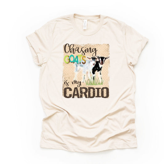 Goat Mom Life, Chasing Goats Is My Cardio Design on premium Bella + Canvas unisex shirt, 3 color choices, plus sizes available