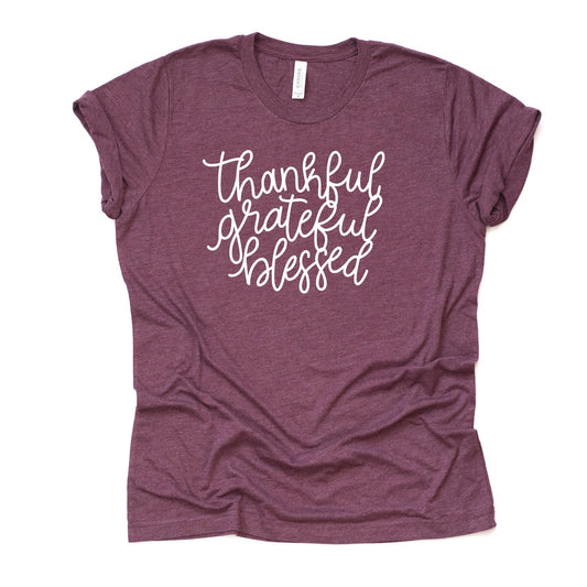 Fall Shirt, Thanksgiving Tee, Thankful, Grateful, Blessed Scroll Design on premium Bella + Canvas unisex shirt, color choices, plus size