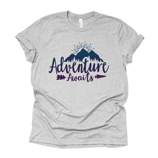 Camping and Hiking, Adventure Awaits Beautiful Mountain Design on premium Bella + Canvas unisex shirt, 3 color choices, plus sizes