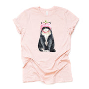 Tuxedo Cat, Strawberry Hat, Black and White Cat and Hat Design on premium Bella + Canvas unisex shirt, 3 color choices, plus sizes available