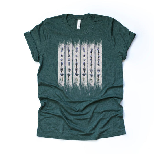 Unique Modern Brush Strokes with Lavendar Flowers Design on premium Bella + Canvas unisex shirt, 3 color choices, plus sizes available