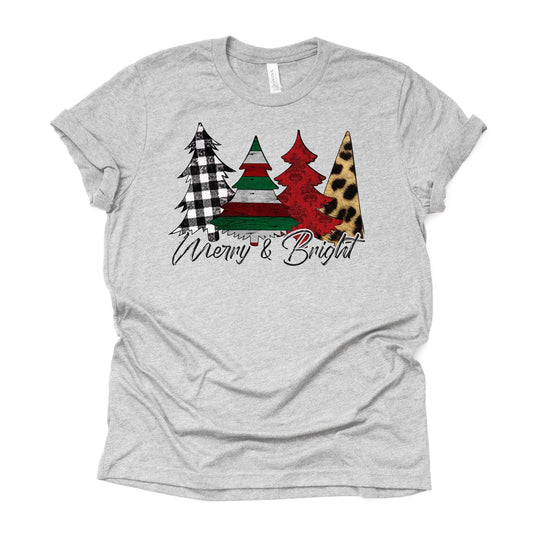 Merry and Bright Christmas Trees in Plaid, Leopard, and Stripes Design on premium Bella + Canvas unisex shirt, 3 color choices, plus sizes