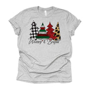 Merry and Bright Christmas Trees in Plaid, Leopard, and Stripes Design on premium Bella + Canvas unisex shirt, 3 color choices, plus sizes