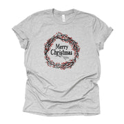 Christmas Shirt, Red Berry Wreath, Merry Christmas Wreath Design on premium Bella + Canvas unisex shirt, 3 color choices, plus sizes