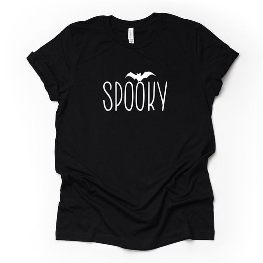 Farmhouse Halloween, Simple, Minimal, Fun Halloween Spooky Bat Design on premium Bella + Canvas unisex shirt, 3 color choices, plus size
