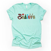 BELIEVE in Christmas Leopard Print and Buffalo Plaid Reindeer Design on premium Bella + Canvas unisex shirt, 2 color choices, plus size