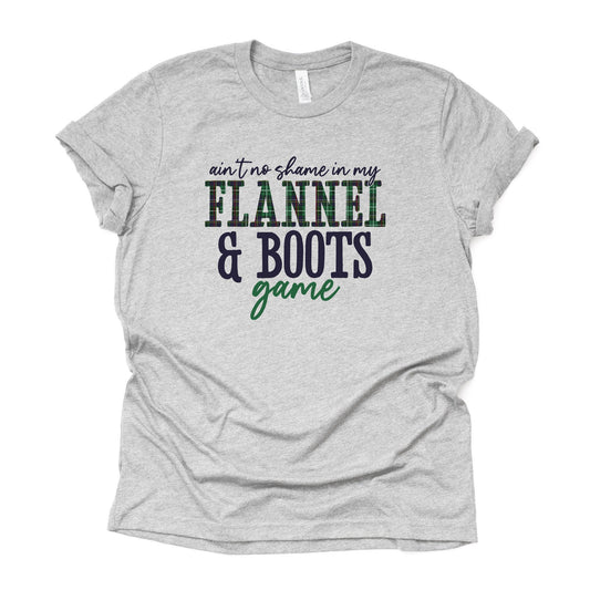 Southern Ain't No Shame In My Flannels and Boots Game Design, premium Bella + Canvas unisex shirt, 3 color choices, plus sizes available