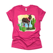 Farm Life, Cute Donkey in Scarf with Cactus Design on premium Bella + Canvas unisex shirt, 3 color choices, plus sizes available