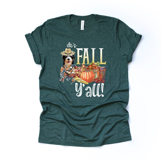 It's Fall Y'all Super Cute Black and White Dog in Hat and Pumpkins Design on premium Bella + Canvas unisex shirt, 3 color choices, plus size
